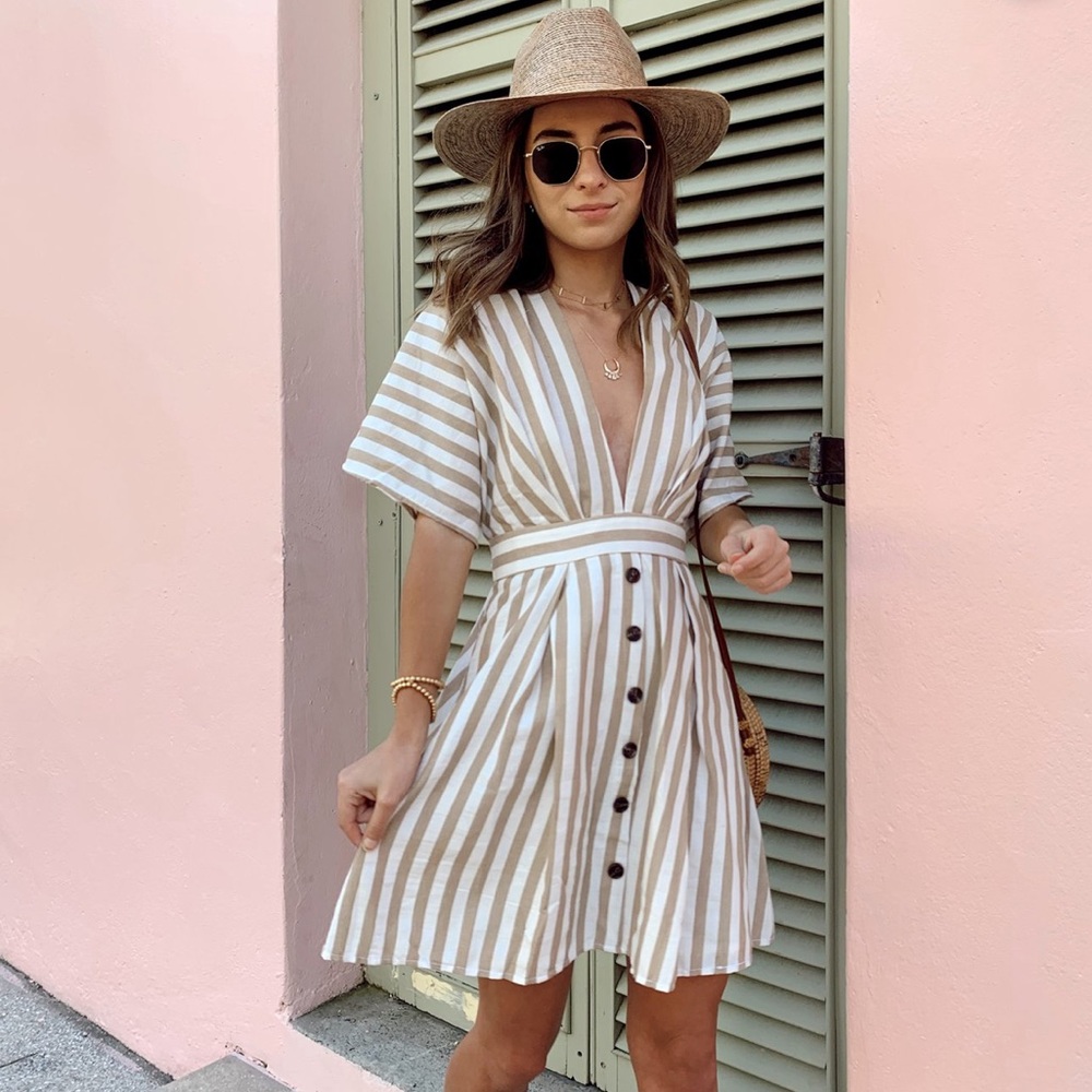 NEW! White & Beige Striped Dress